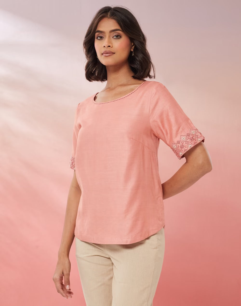 Dusty Pink Hand Embroidered Top with round neck and half sleeves
