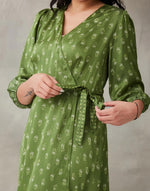 Green Rayon Blend Hand Block Printed Camelia Wrap Midi Dress