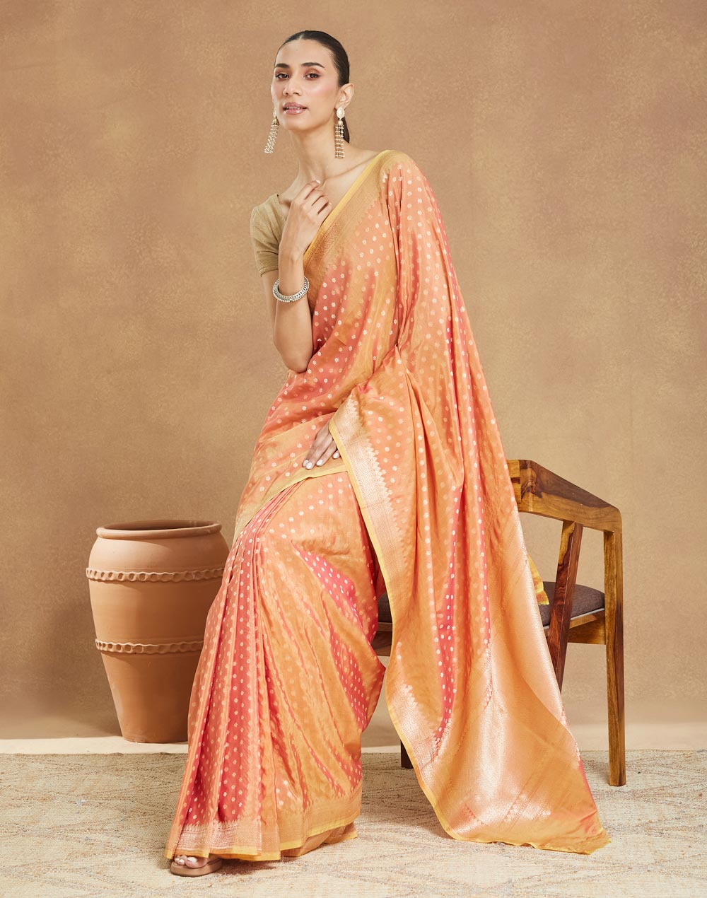 Orange Viscose Blend Banarsi Sari