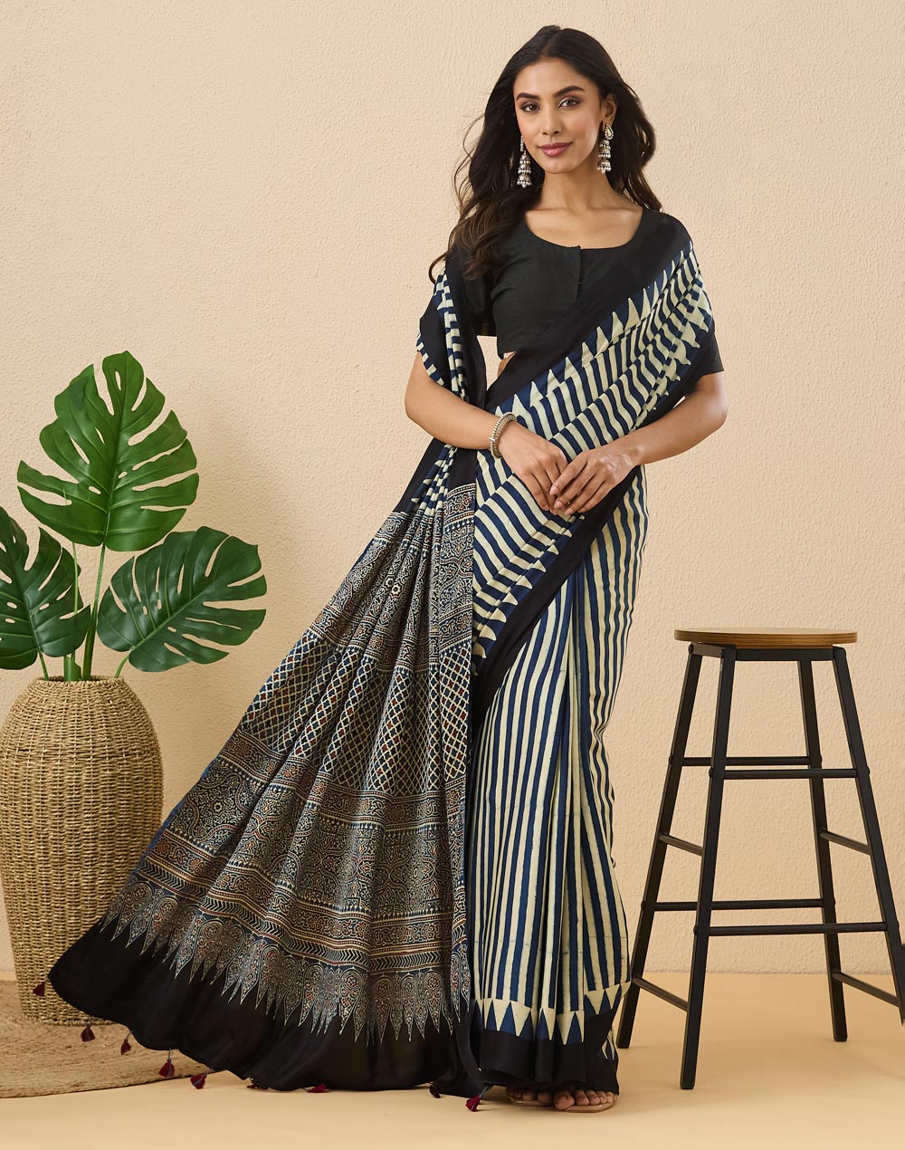 Indigo Viscose Blend Ajrakh Printed Sari