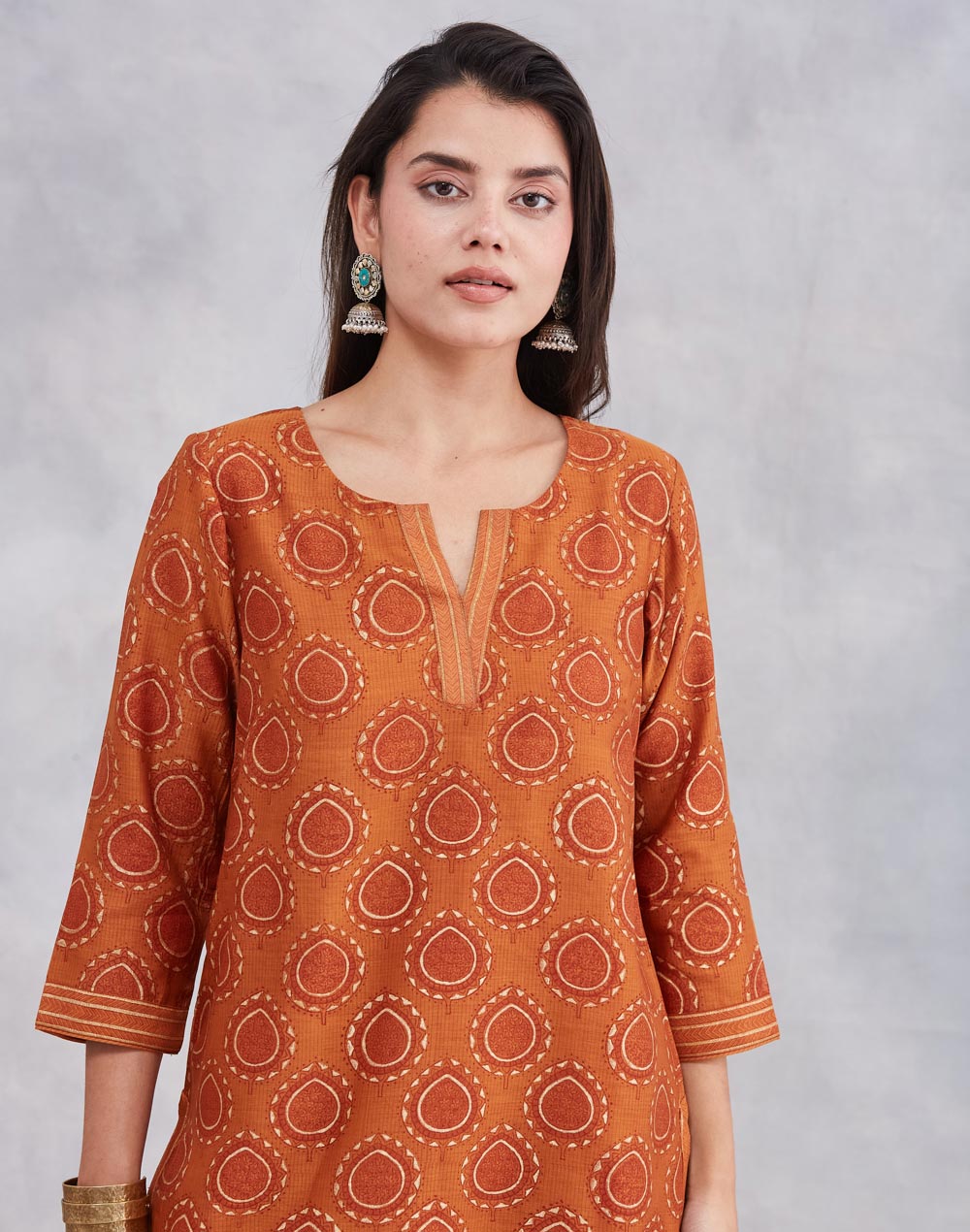 Orange Cotton Silk Hand Block Printed Long Kurta