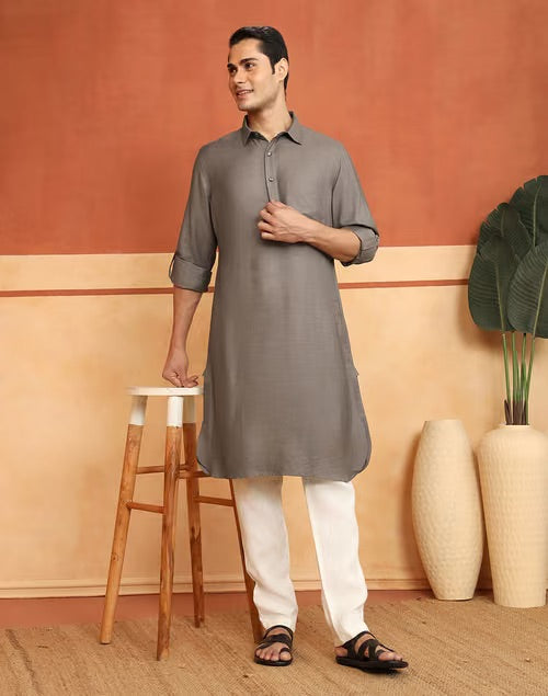 Grey Viscose Silk Pathani Kurta for Men from Fabindia UK