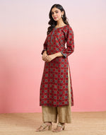 Maroon Cotton Silk Ajrakh Printed Long Kurta