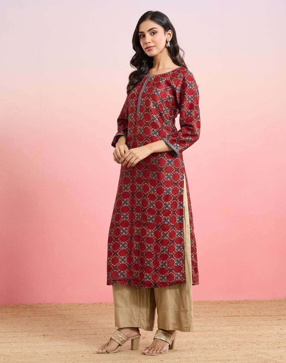 Maroon Cotton Silk Ajrakh Printed Long Kurta