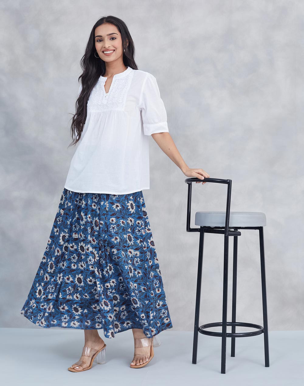 Blue Cotton Bagru Printed Skirt Midi
