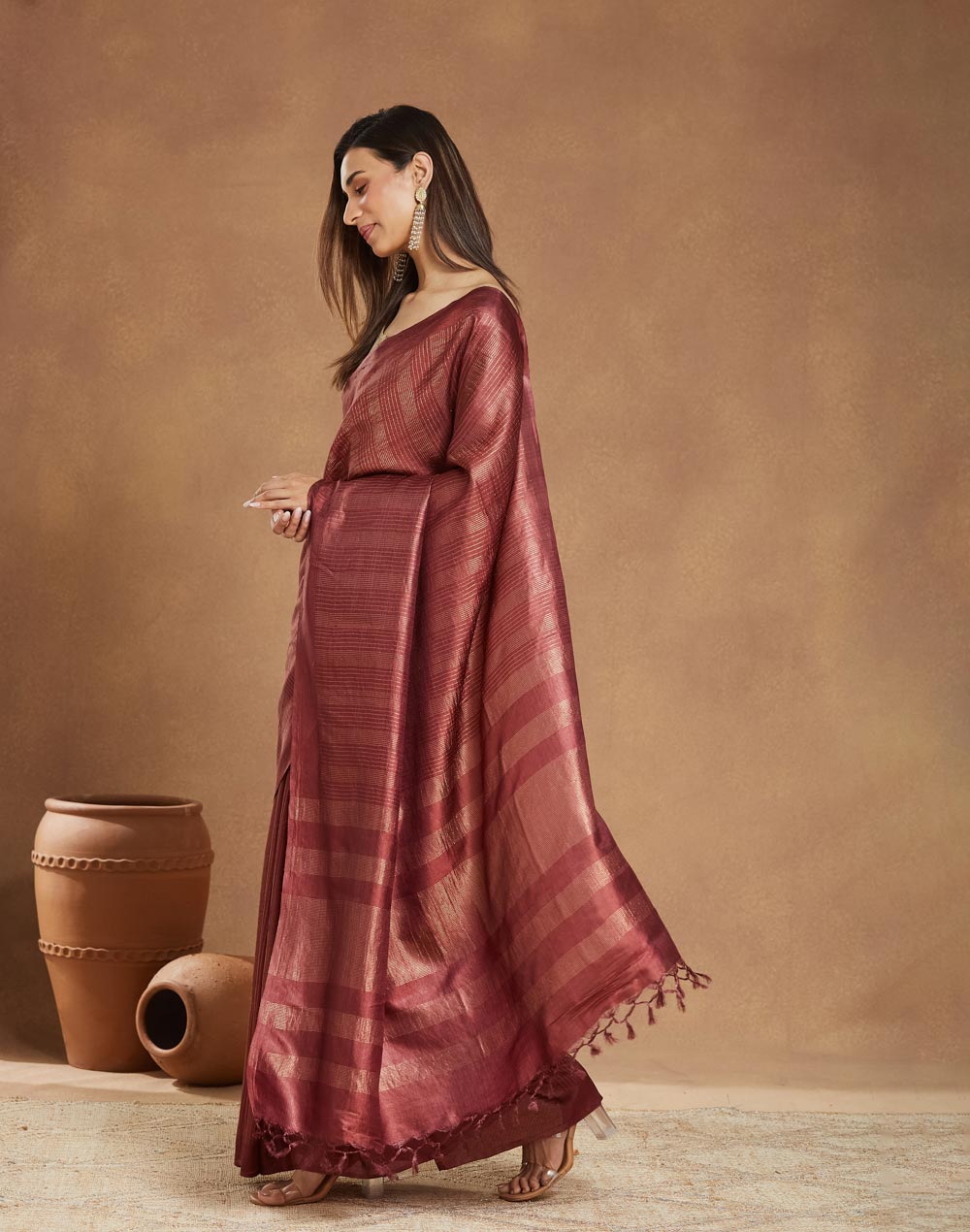 Wine Viscose Silk Blend Sari