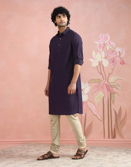Purple Dobby Pathani Kurta with regular collar