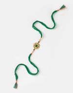 Green Metal Gold Tone Traditional Floral Design With Green Stone Rakhi