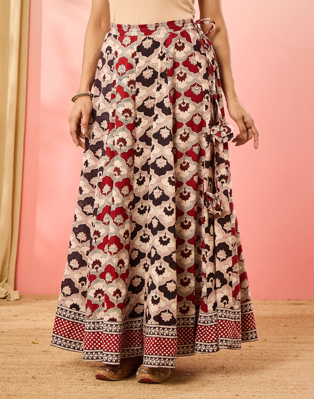 Bagh print detail on the Maroon Bagh Print Ghera Skirt