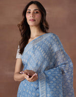 Light Blue Cotton Silk Hand Block Printed Sari