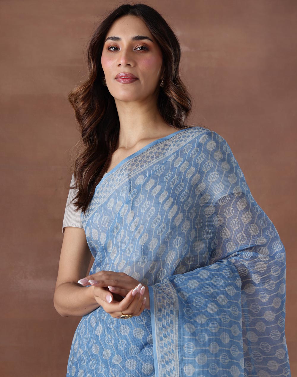 Light Blue Cotton Silk Hand Block Printed Sari