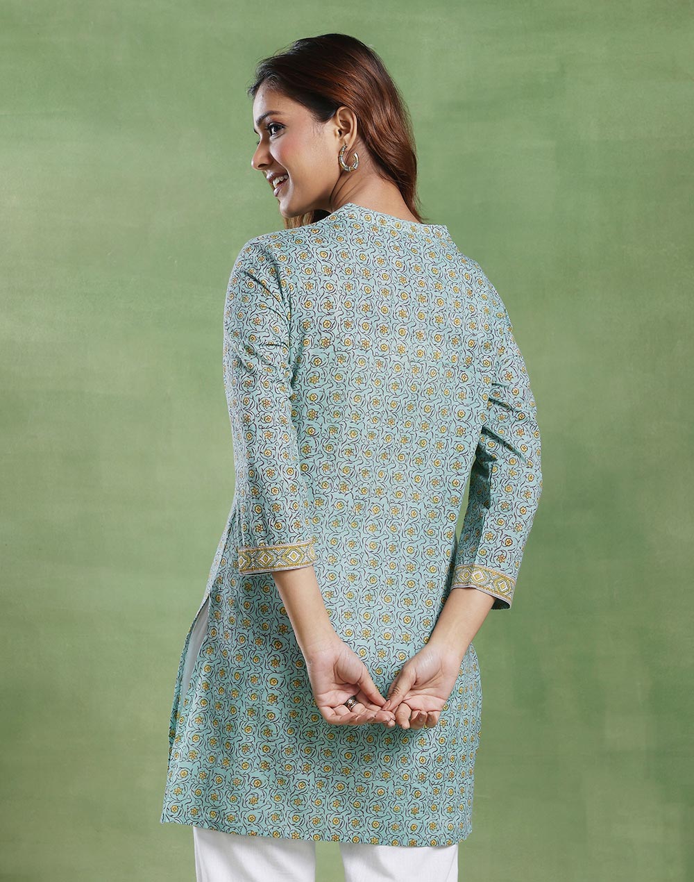 Green Cotton Chikankari Short Kurta