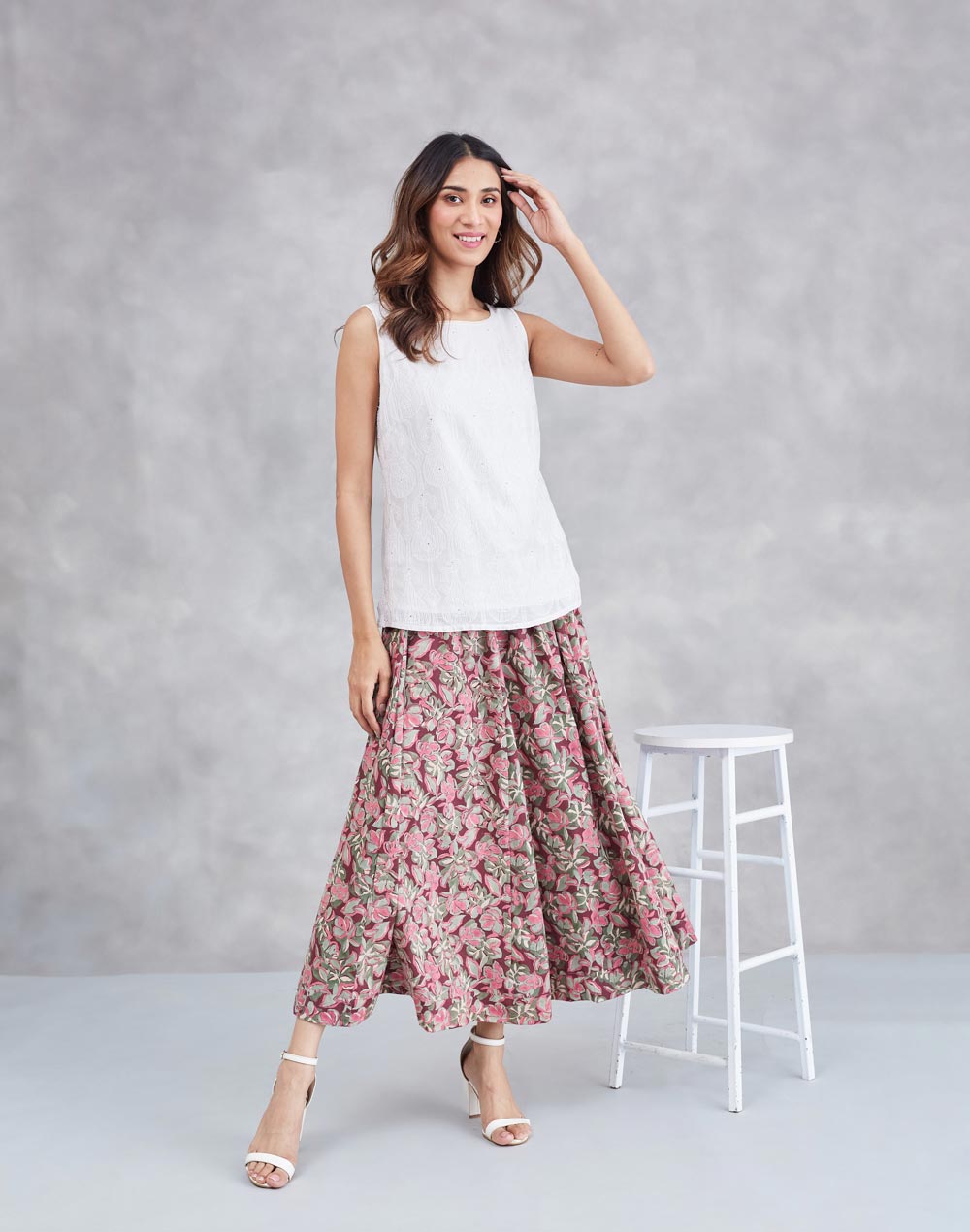 Brown Cotton Floral Midi Skirt