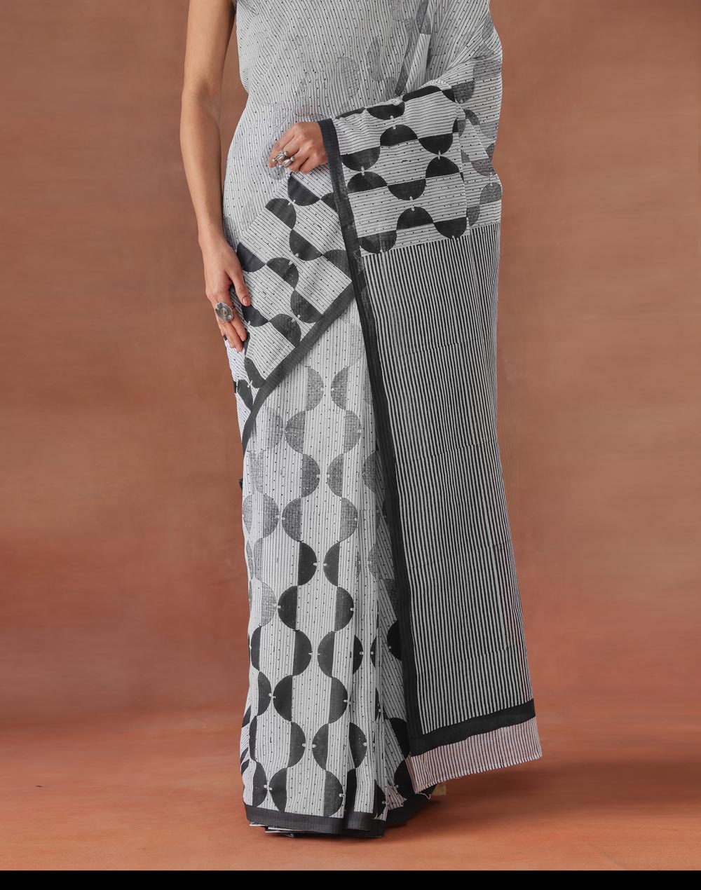 White Cotton Hand Block Printed Sari