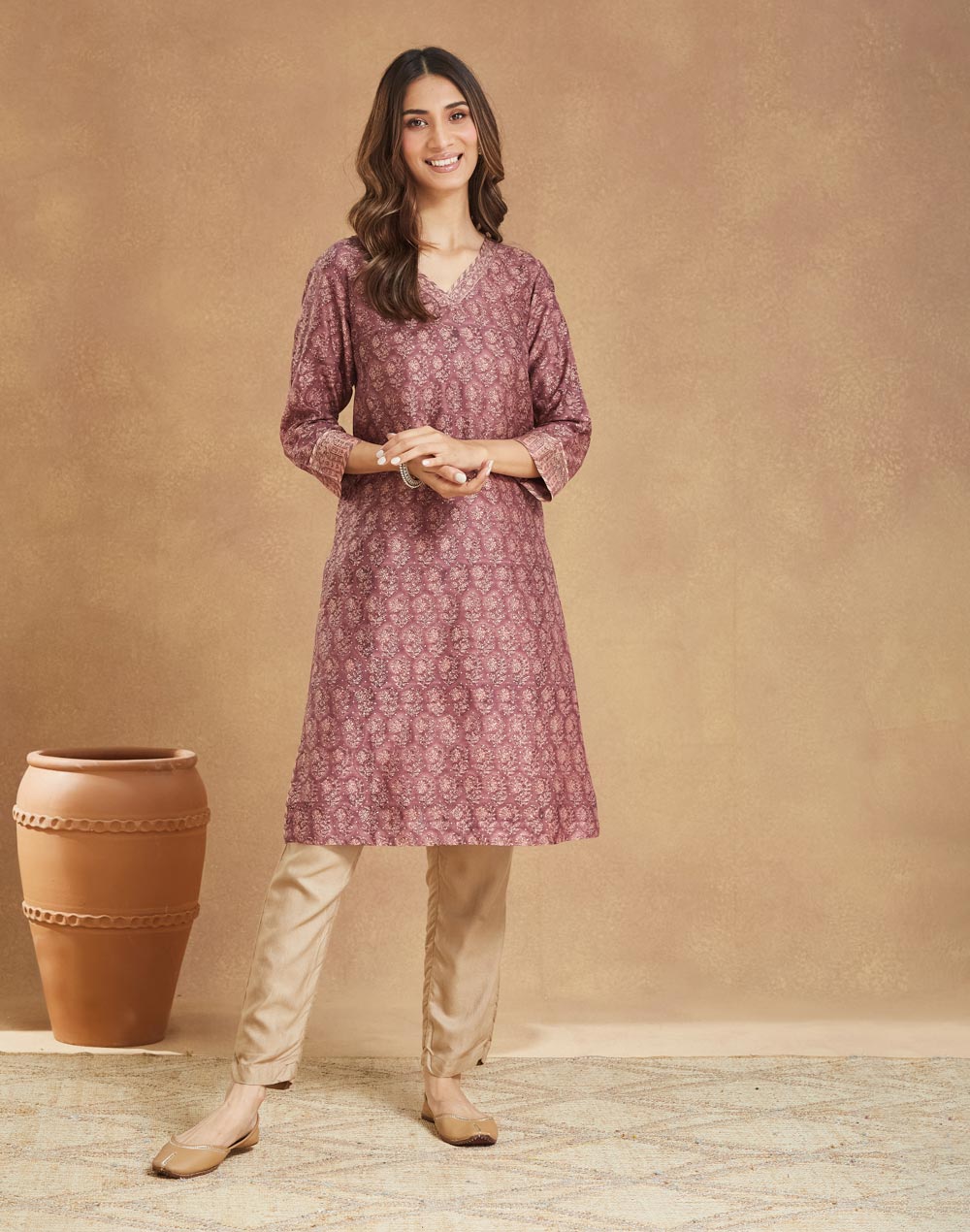 Purple Cotton Silk Hand Block Printed Knee Length Kurta