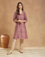 Purple Cotton Silk Hand Block Printed Knee Length Kurta