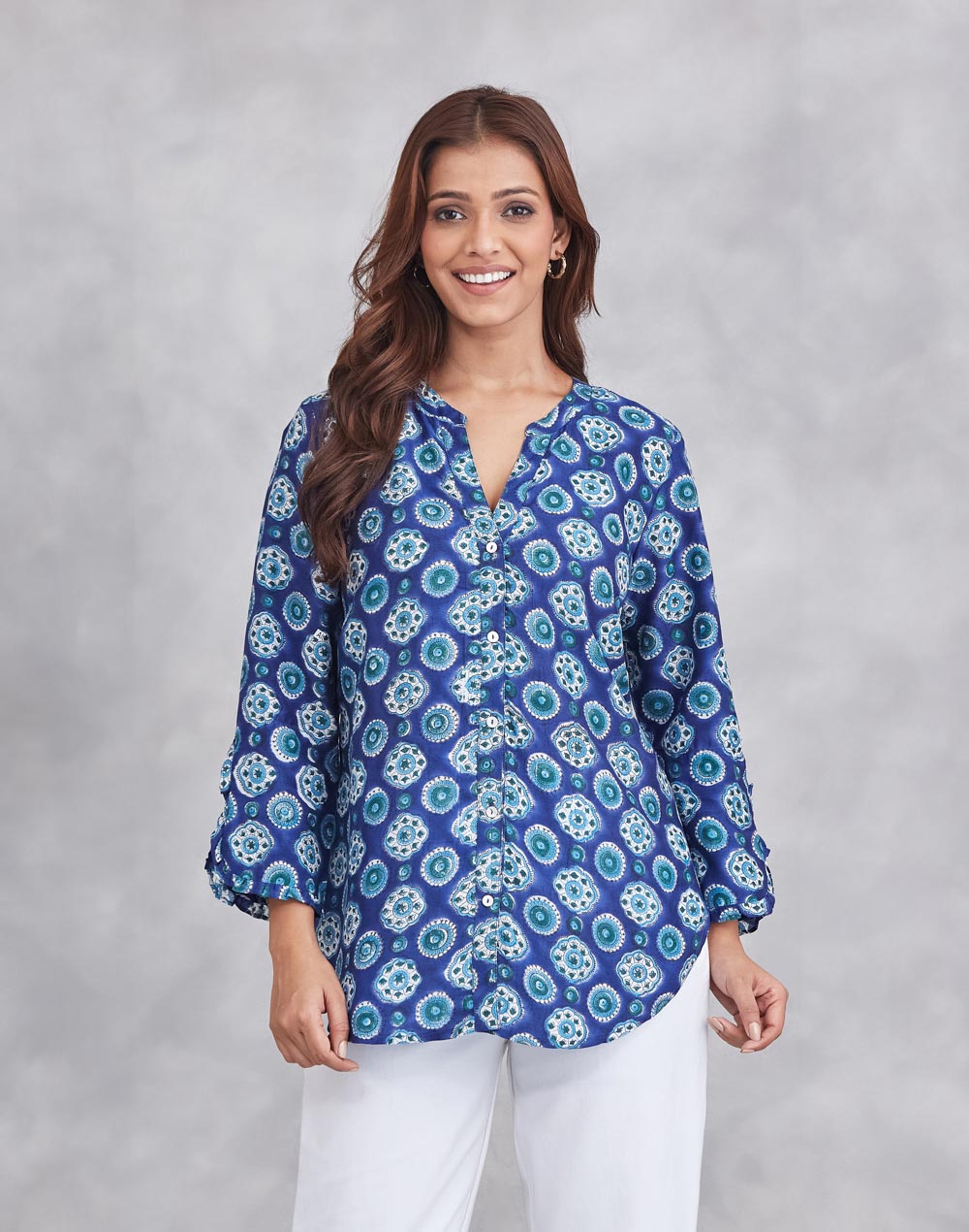 Blue Rayon Blend Hand Block Printed Shirt