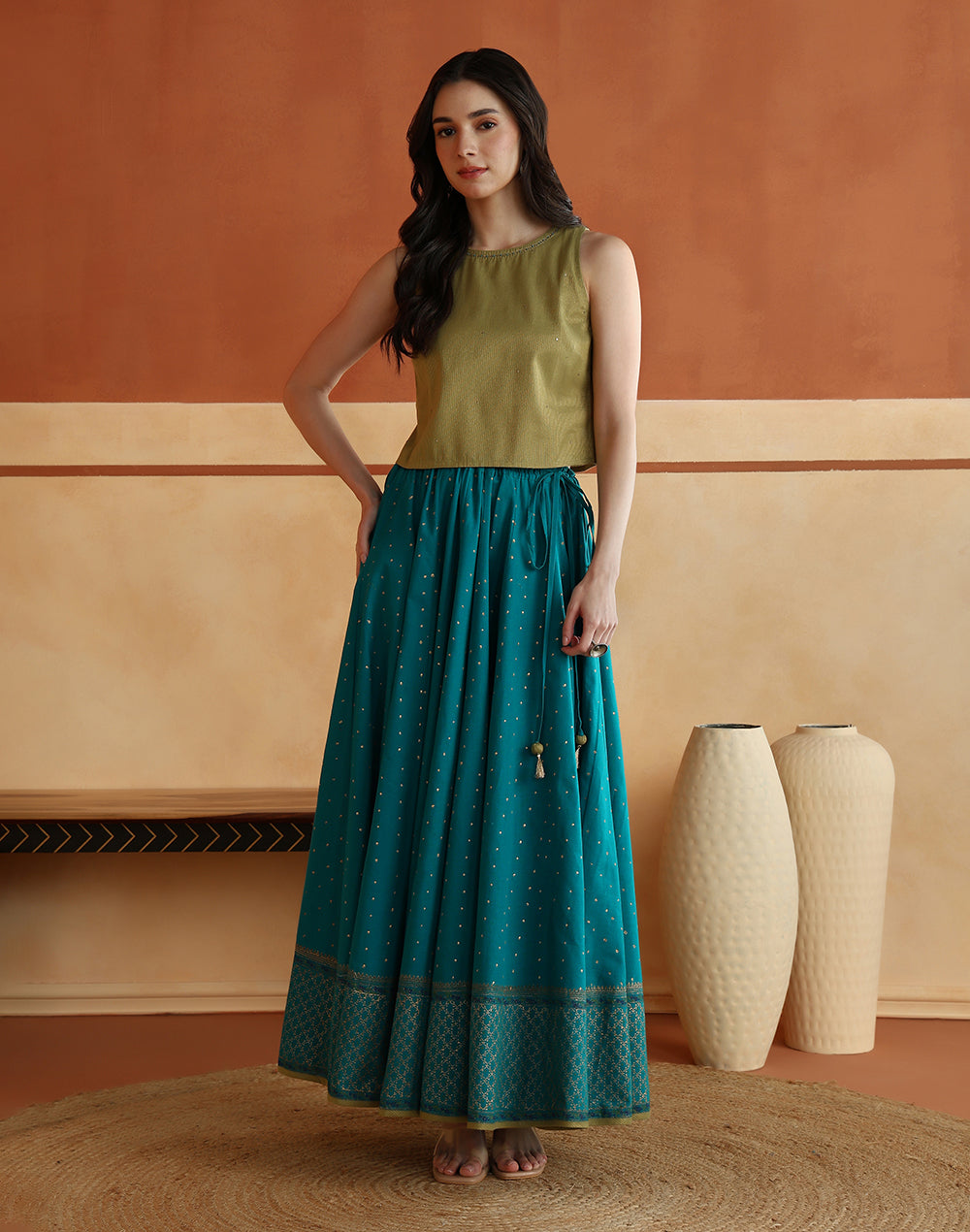 Lime-Teal Cotton Blend Hand Block Printed Skirt Set