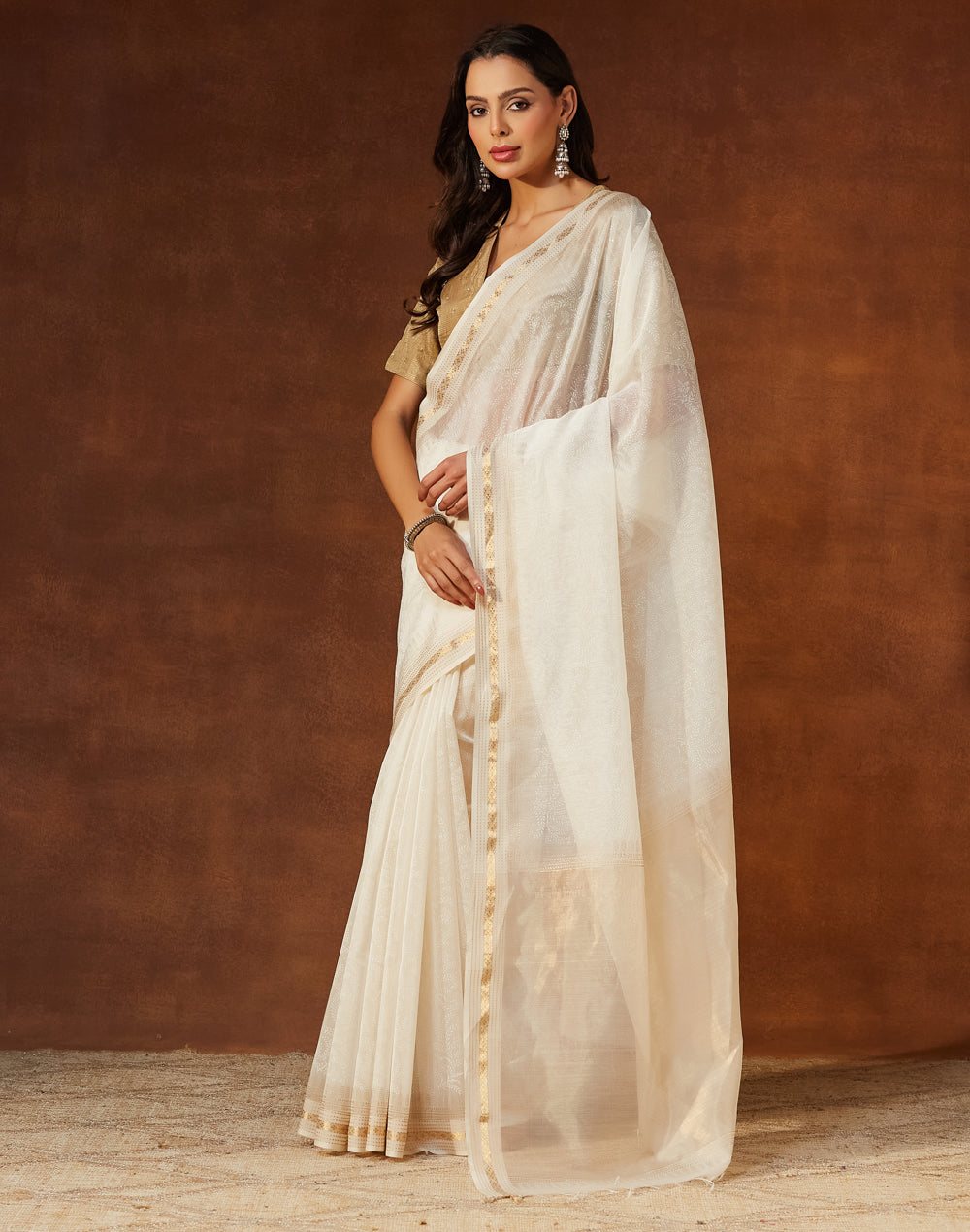 Natural Cotton Silk Blend Hand Block Printed Sari