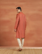 Orange Viscose Silk Zari Stripe Slim Fit Long Kurta