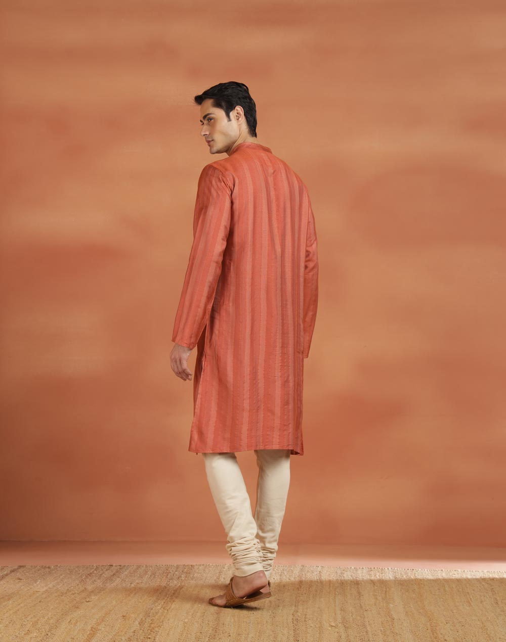 Orange Viscose Silk Zari Stripe Slim Fit Long Kurta