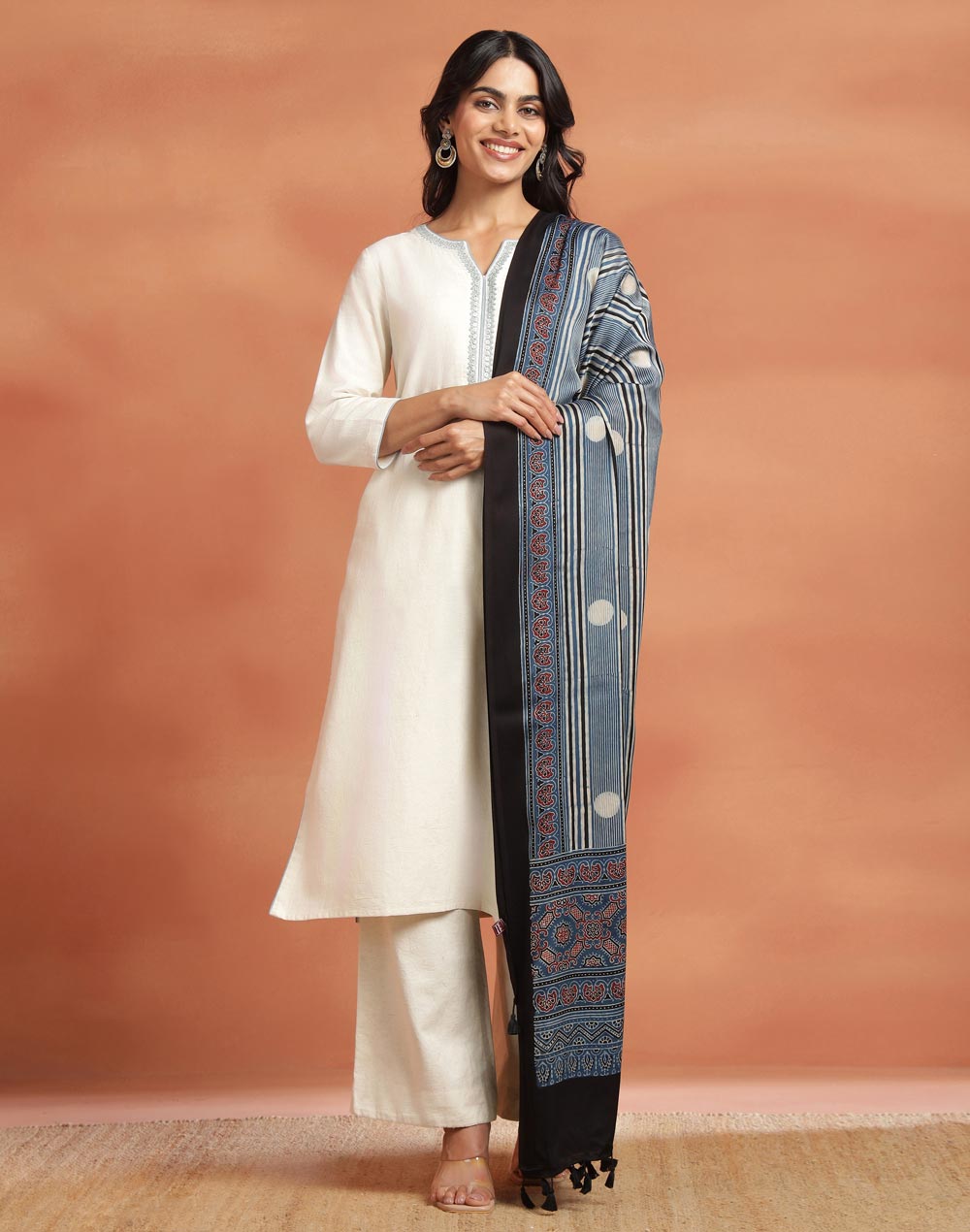 Blue Viscose Blend Ajrakh Printed Dupatta