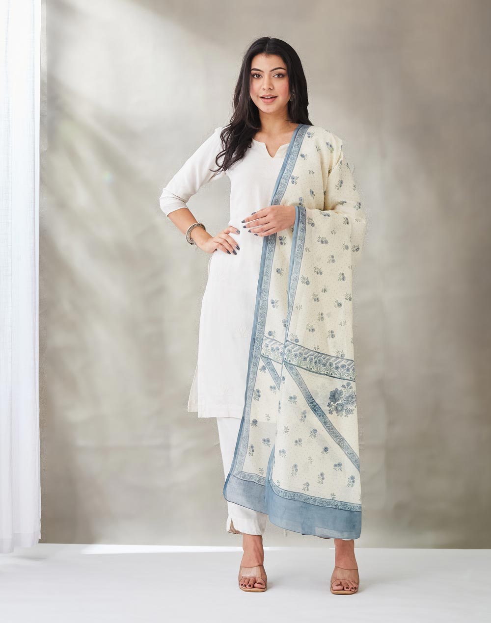 Blue Cotton Printed Floral Dupatta