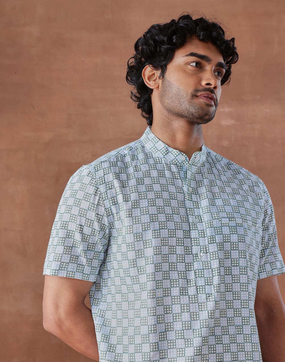 Blue Cotton Hand Block Printed Slim Fit Mid Placket Shirt