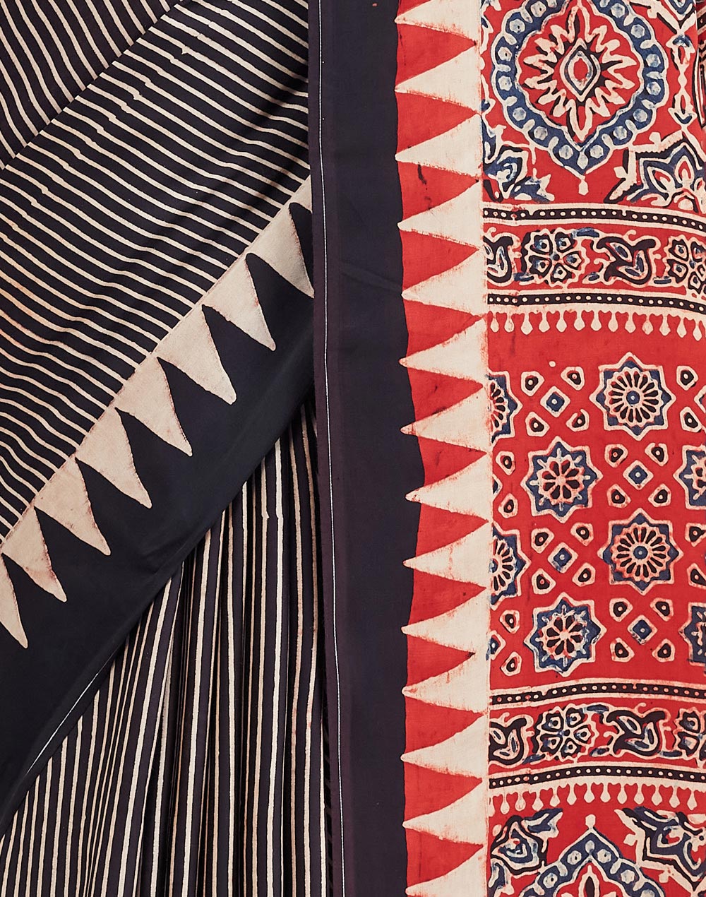Black Viscose Blend Ajrakh Printed Sari