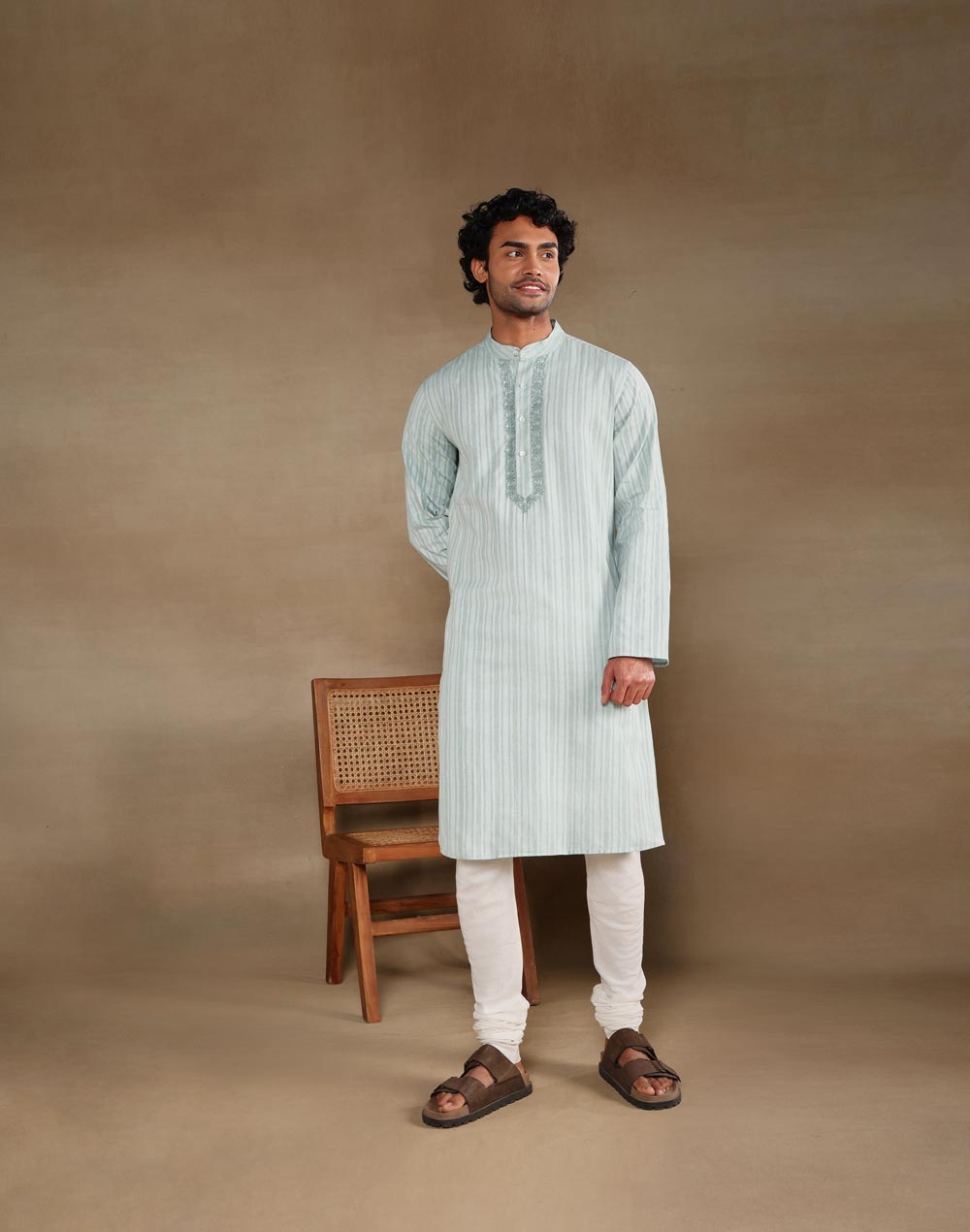 Green Cotton Chikankari Slim Fit Long Kurta