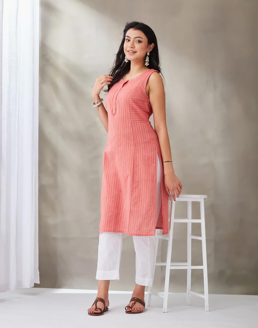 Pink Cotton Slim Fit Knee Length Kurta