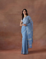 Light Blue Cotton Silk Hand Block Printed Sari