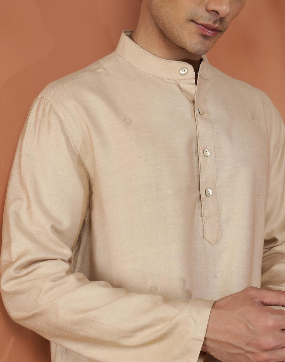 Beige Viscose Silk Embroidered Short Kurta