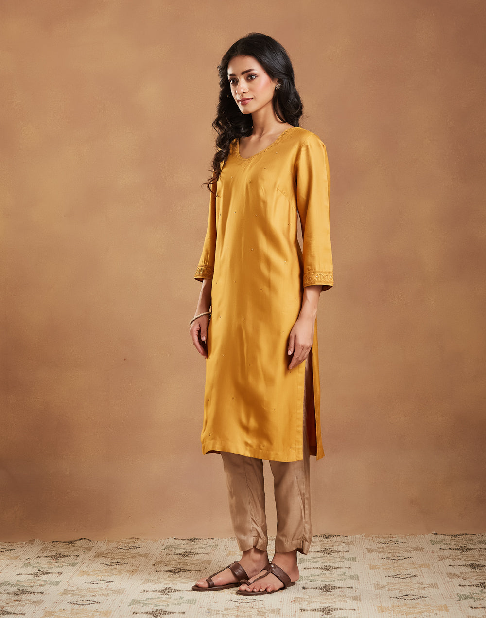 Mustard Viscose Silk Embroidered Knee Length Kurta