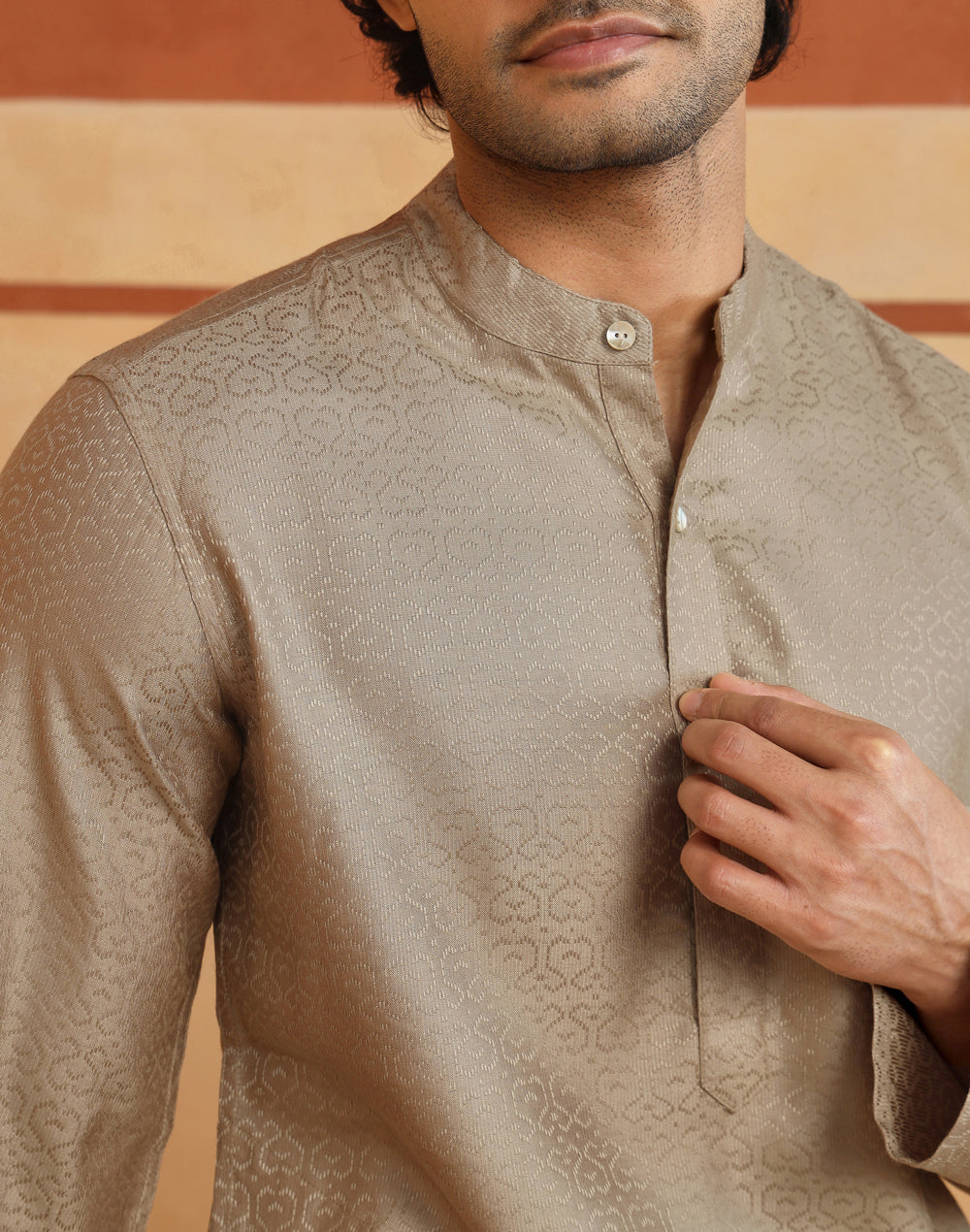 Beige Viscose Blend Dobby Slim Fit Long Kurta