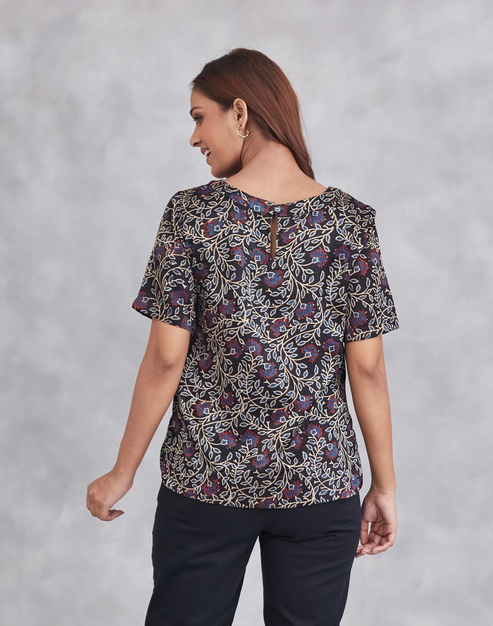Black Viscose Cotton Ajrakh Printed Top