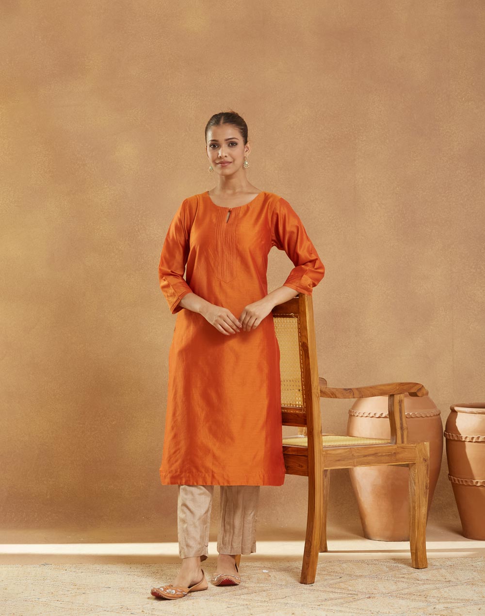 Orange Cotton Silk Long Kurta