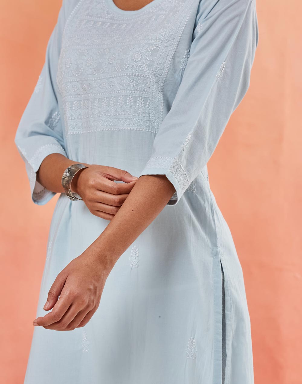 Light Blue Cotton Chikankari Knee Length Kurta
