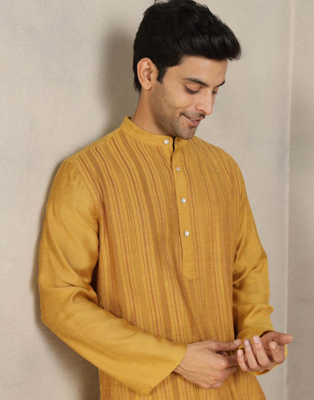 Mustard Viscose Silk Pintucks Long Kurta