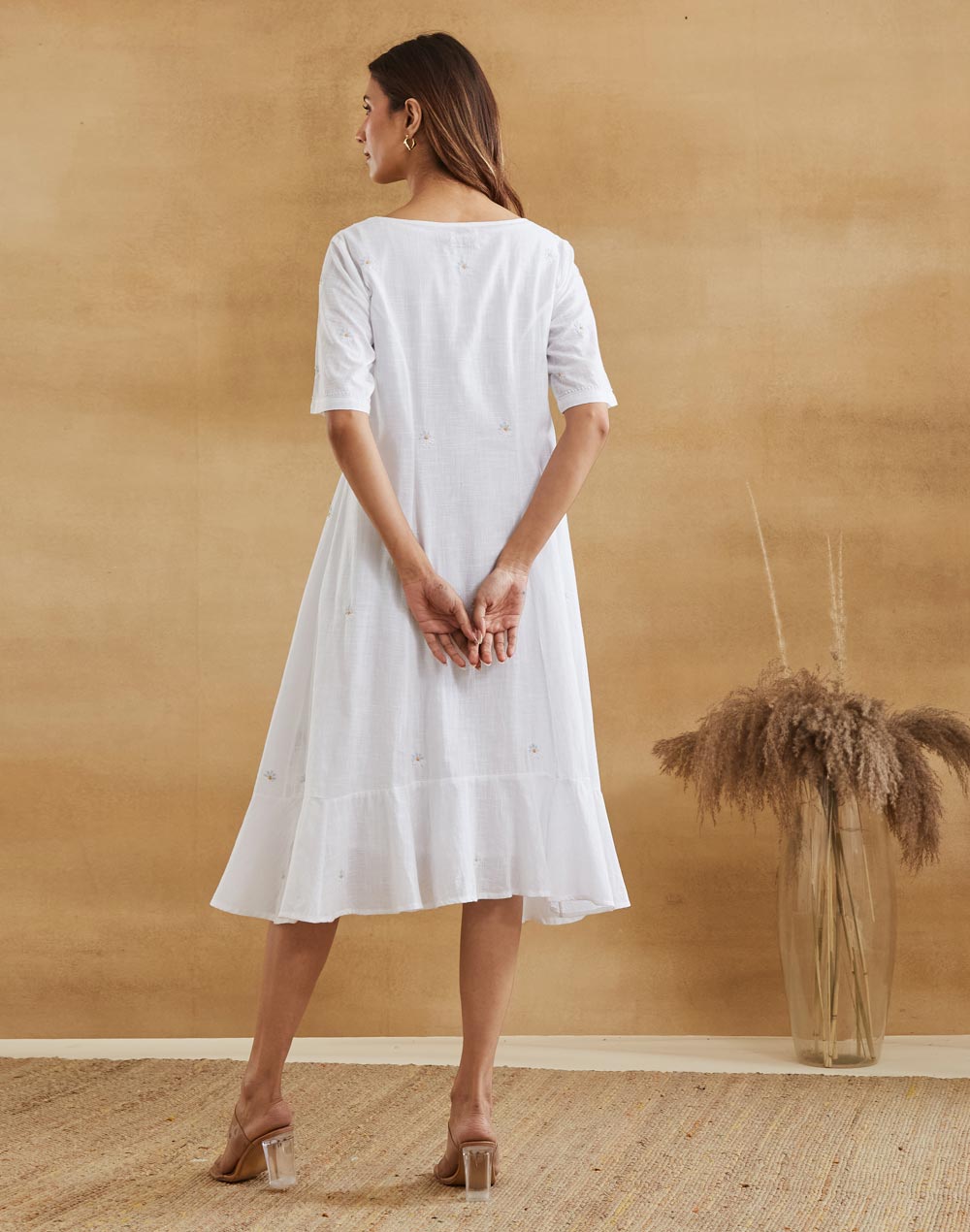 White Cotton Chikankari Peony Ruffle Midi Dress & Lining