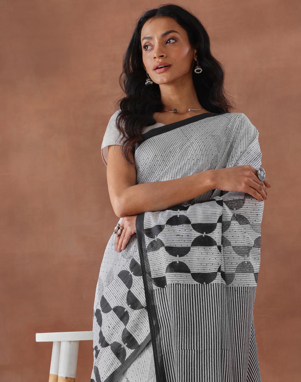 White Cotton Hand Block Printed Sari