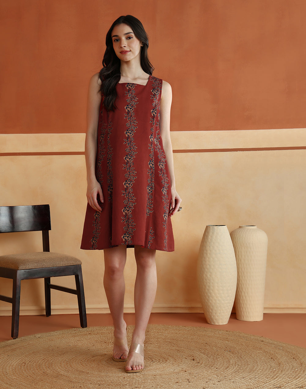 Block print detail on the Red Block Print Floral Indian Short Dress