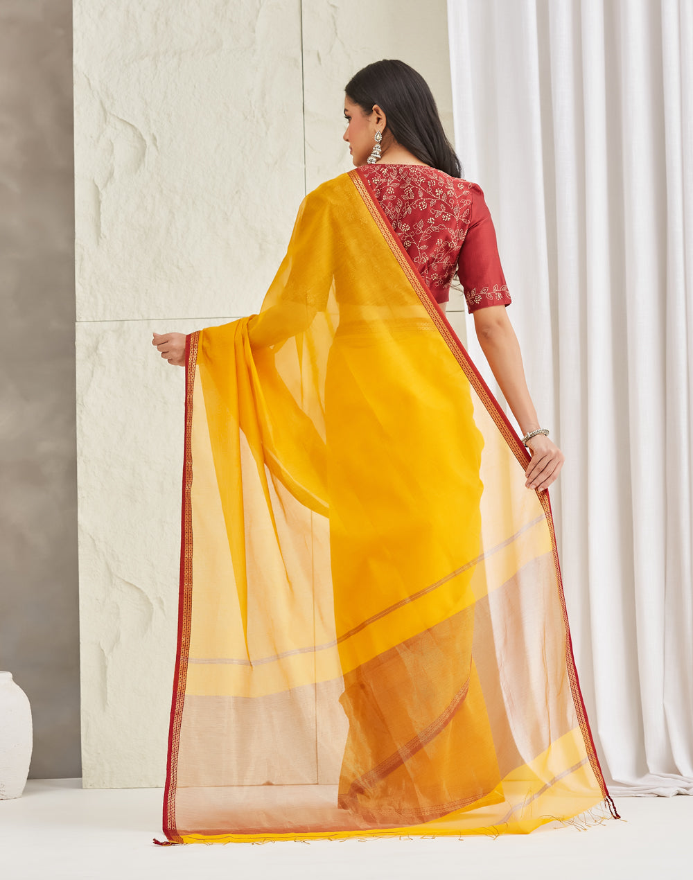 Mustard Cotton Silk Blend Maheshwari Sari