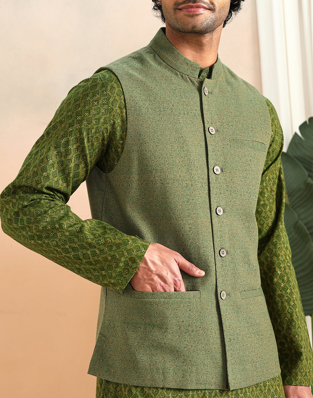 Green Cotton Nehru Jacket