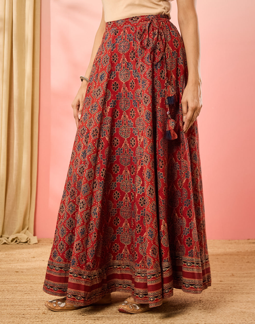 Maroon Cotton Ajrakh Print Ghera Skirt for Women from Fabindia UK