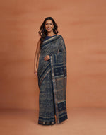 Indigo Cotton Silk Blend Dabu Printed Sari
