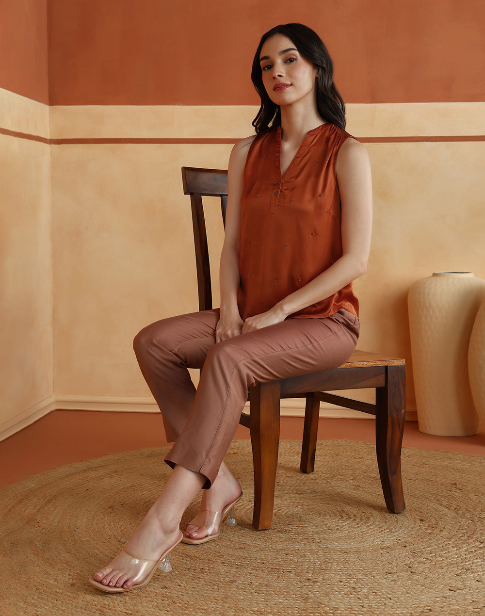 Orange Rayon Blend Hand Embroidered Top