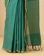 Teal Linen Blend Hand Woven Sari