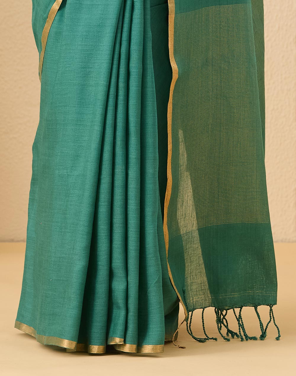 Teal Linen Blend Hand Woven Sari