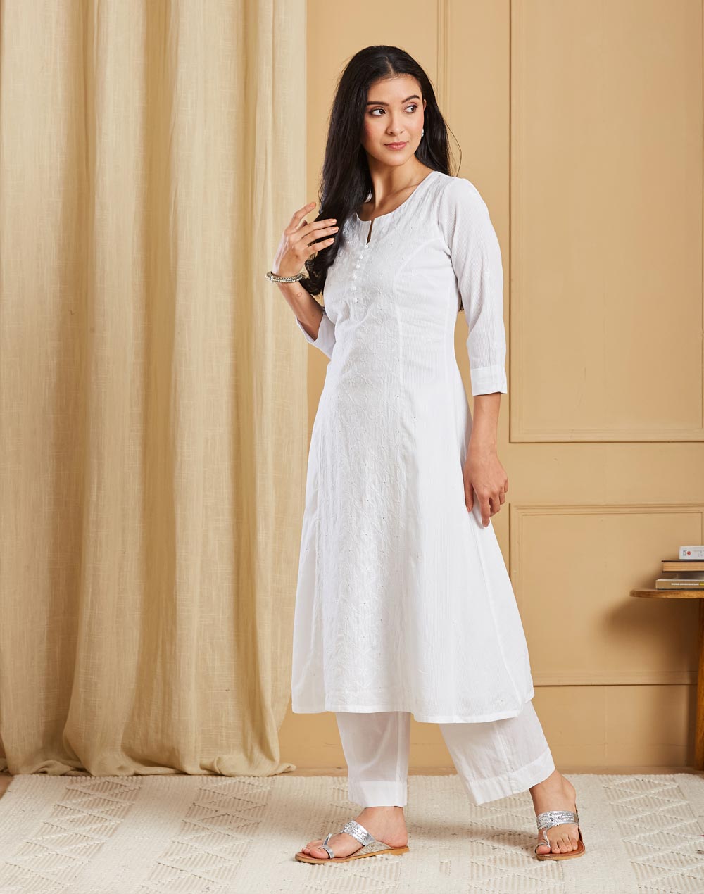 Offwhite Cotton Chikankari Long Kurta